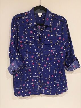 Navy Blue Key-Print Button-Up Shirt